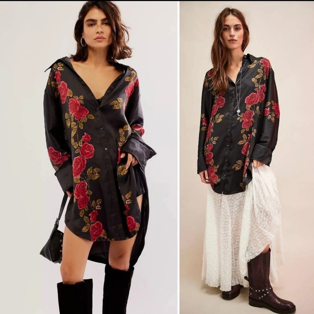 Free People Off The Vine S Satin Rose Print Button Down Shirt Dress OB1053160